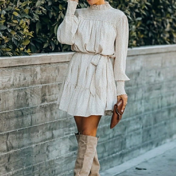 VICI Smocked Mock Neck Babydoll Tiered Dress